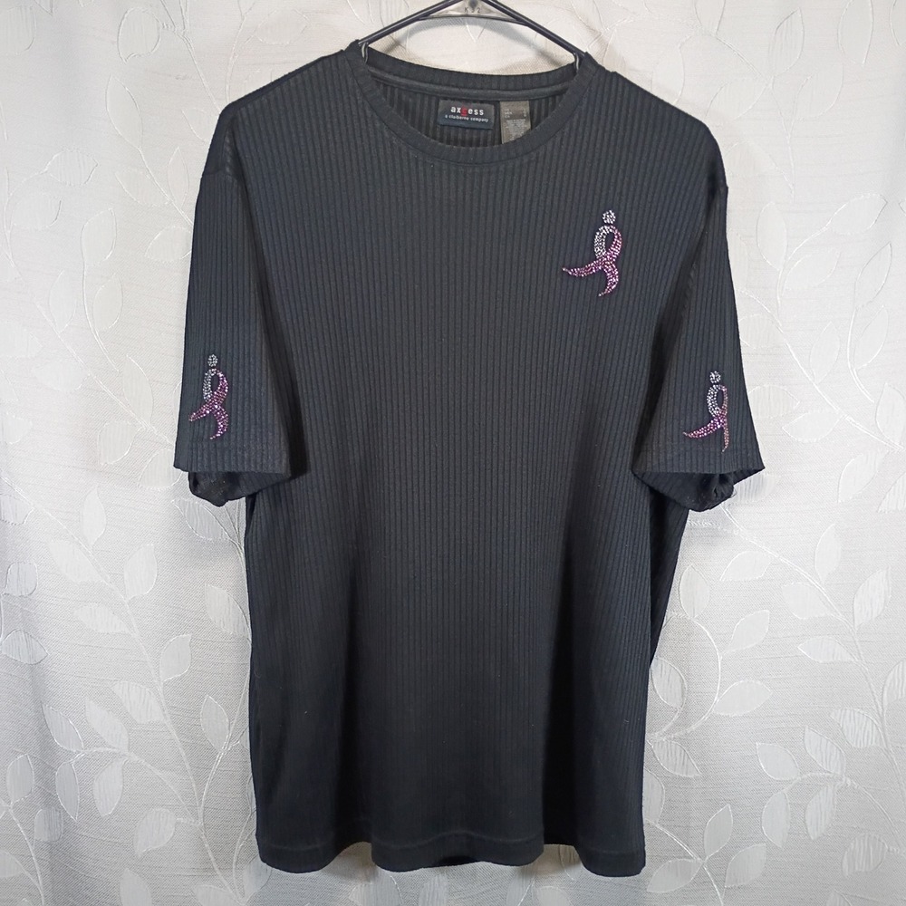 Breast Cancer Awareness Black Ribbed Top Rhinestone Ribbon Size  L